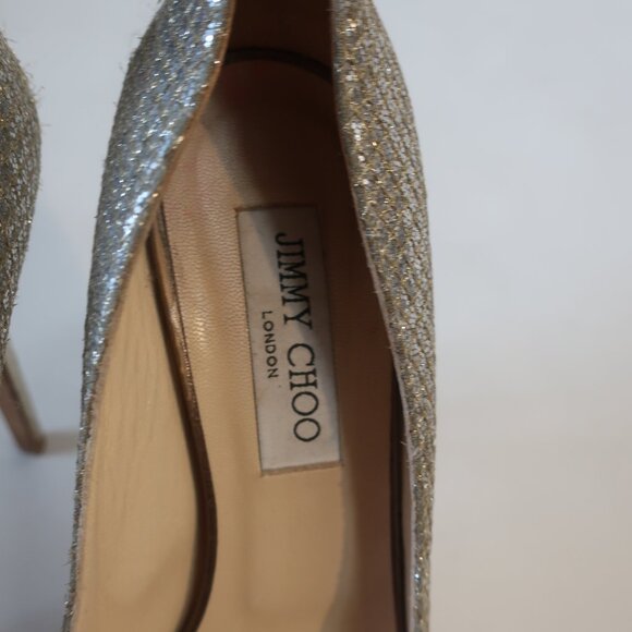 Jimmy Choo Silver Gold Luna Metallic Peep Toe Platform Heels Pumps 38.5 US/8.5 - Picture 7 of 14